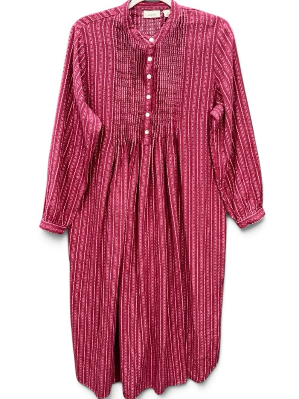 LL Bean Vintage 90s Dobby Nightgown Size XL Maroon Pintuck Henley Flannel Sleep